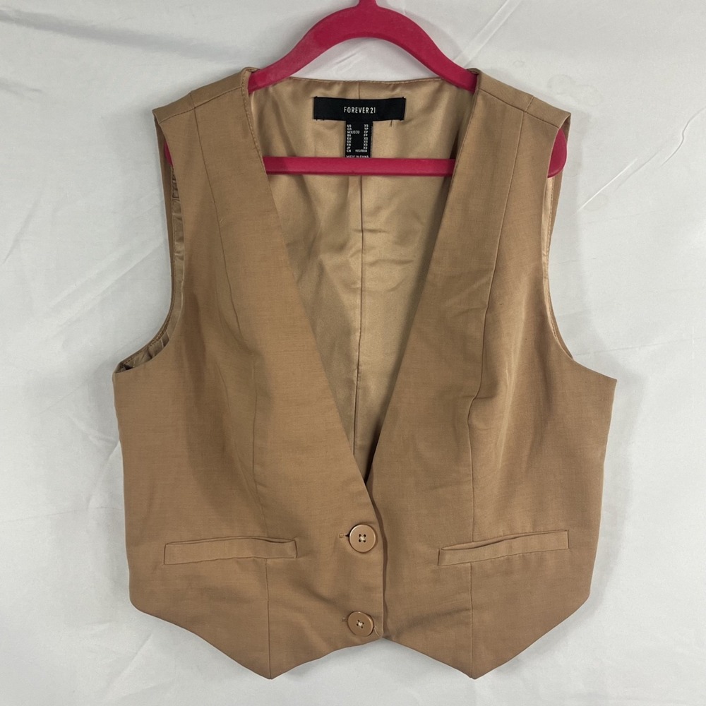 EUC Forever 21 Women Tan Brown Button Up V-Neck Crop Vest Lined Wool Blend Sz XS